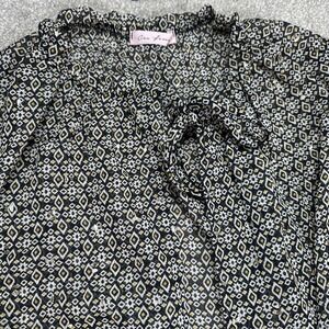 Ces Femme Womans Medium Blouse Duster Open Black Gold Floral Long Sleeve Kimono